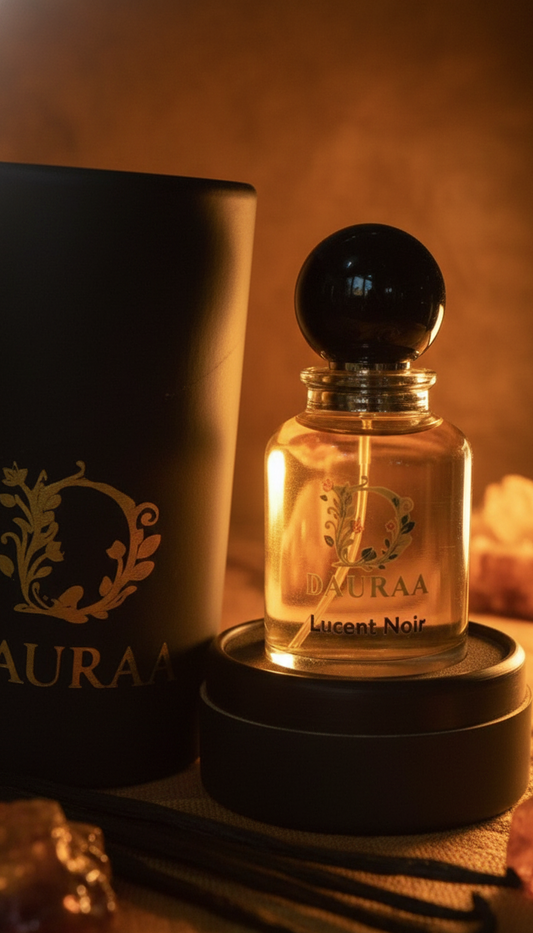 Perfume bottle with packaging labeled 'Auraa' on a warm-toned background