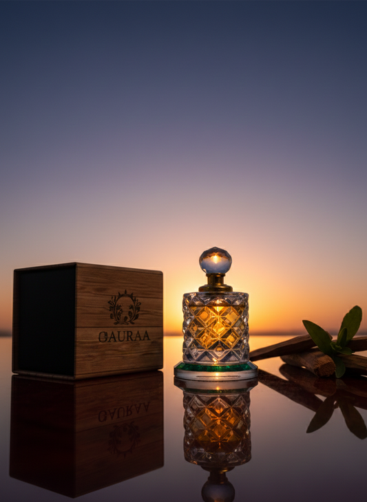 Perfume bottle and wooden box with 'Oauraa' branding against a sunset sky.