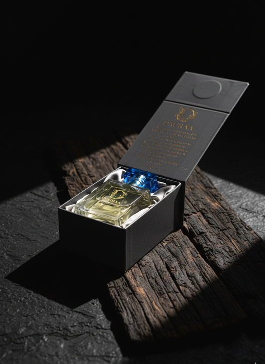 Perfume bottle with cap in a black box on a dark wooden surface