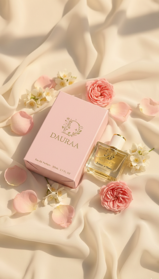 DAURAA perfume bottle and packaging on a soft fabric background with flowers