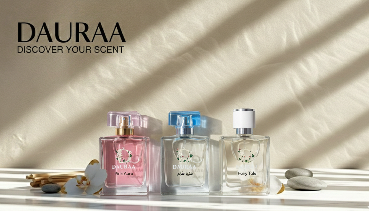 Three perfume bottles on a shelf with 'DAURAA' branding and 'Discover Your Scent' text.