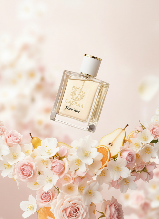 Perfume bottle with floral and fruit decorations on a soft pink background