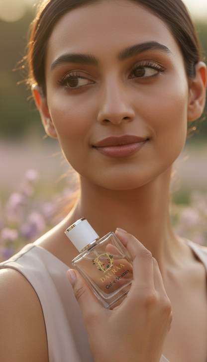 Woman holding a perfume bottle with a blurred natural background