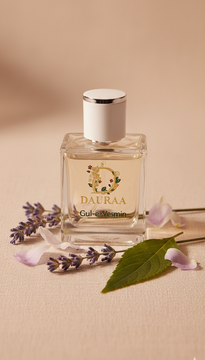 Perfume bottle labeled 'Dharaa' with lavender flowers on a beige background