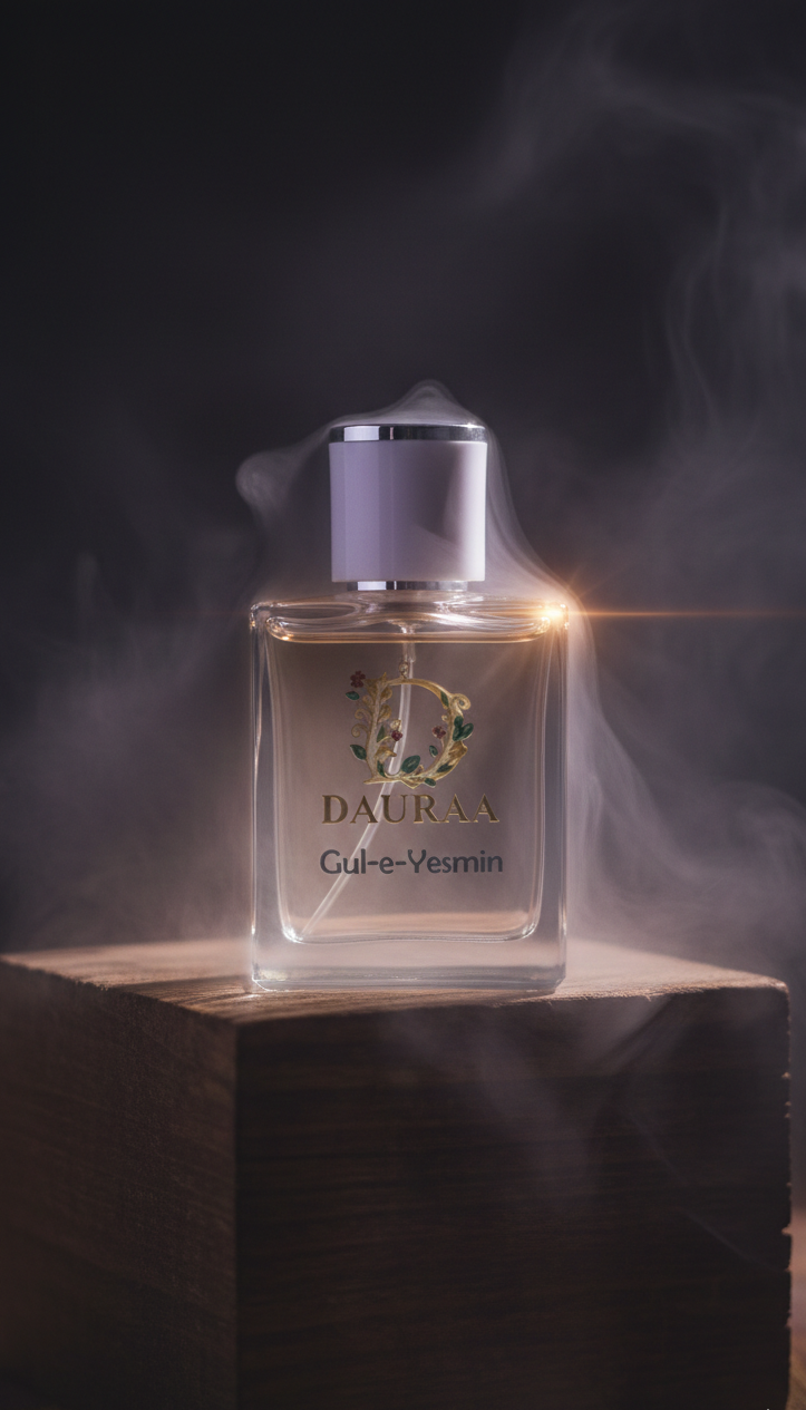 Perfume bottle labeled 'Dhira' with a dark, smoky background