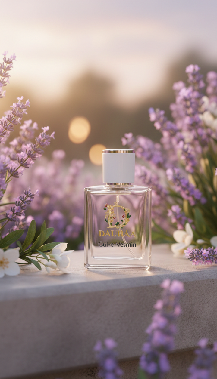 Perfume bottle with 'Dior' branding in a lavender field