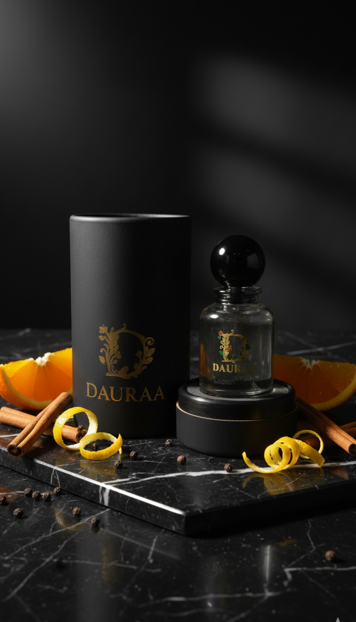 DAURAA perfume bottle and packaging on a dark surface with oranges and cinnamon sticks.