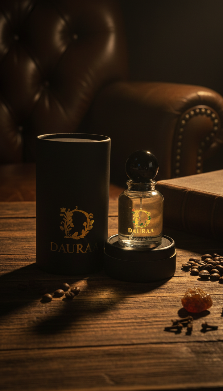 DAURA perfume bottle and packaging on a wooden surface with coffee beans