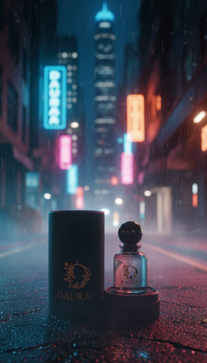 Two perfume bottles on a city street with neon lights