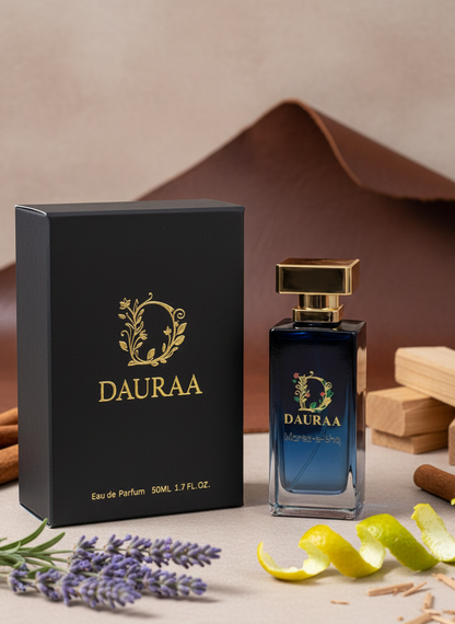 DAURAA perfume bottle and packaging on a neutral background with lavender and lemon.