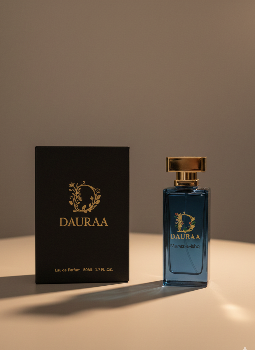 Dauraa perfume bottle and packaging on a neutral background