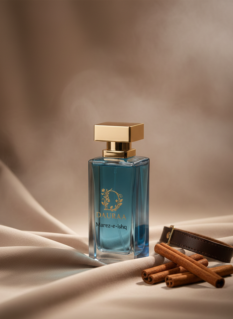 Blue perfume bottle with gold cap on a beige fabric background