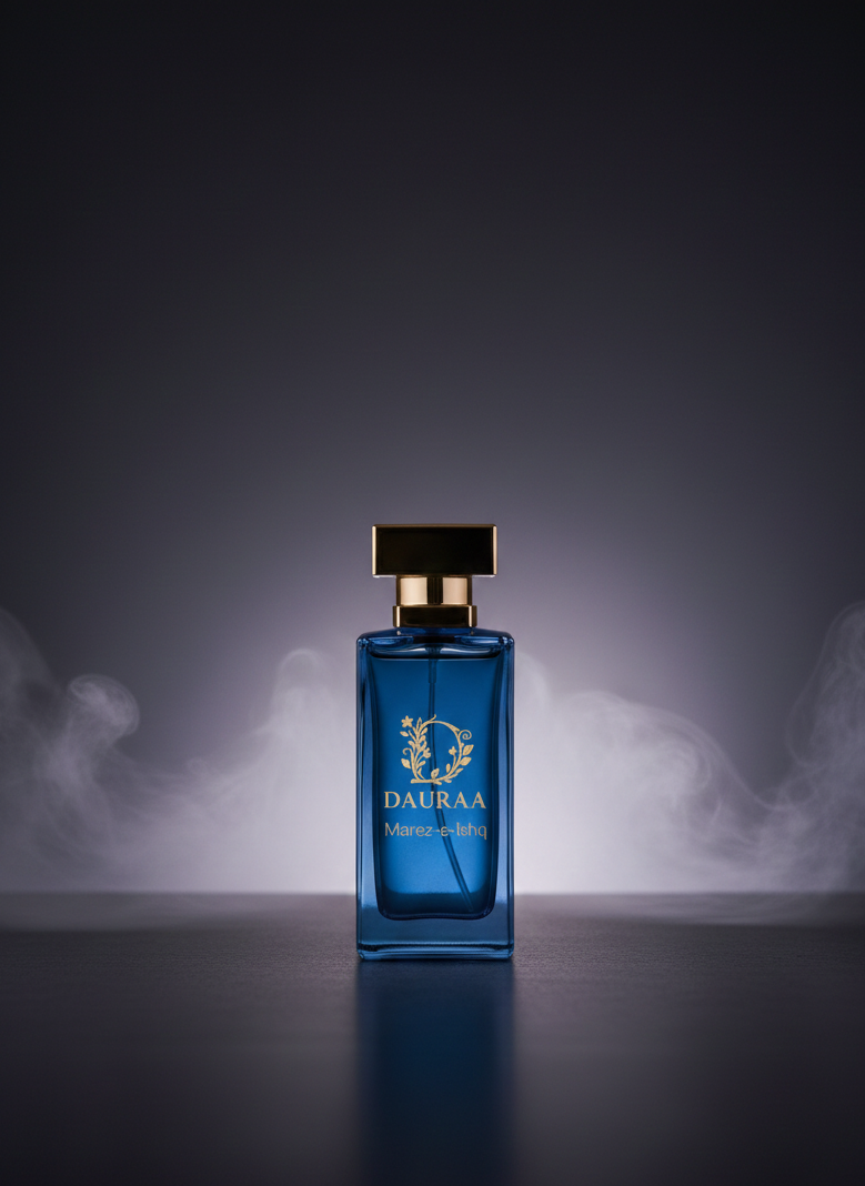 Blue perfume bottle with gold cap on a dark background with smoke effects