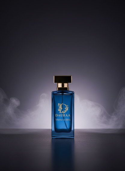 Blue perfume bottle with gold cap on a dark background with smoke effects