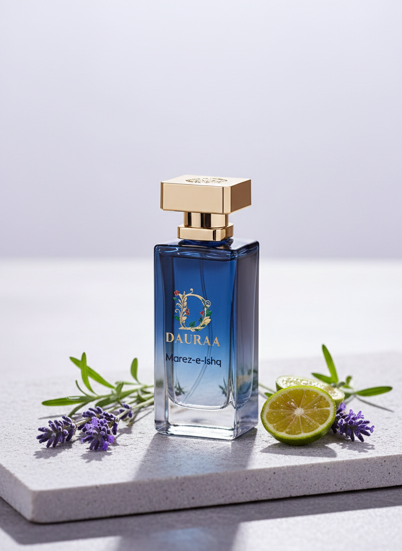 Blue perfume bottle with gold cap on a white surface with decorative elements