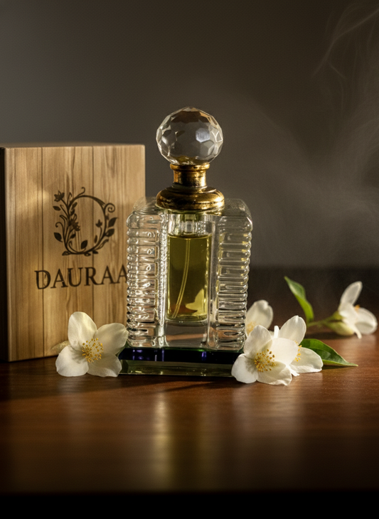 Perfume bottle with wooden box labeled 'Dauraar' on a dark surface with flowers.