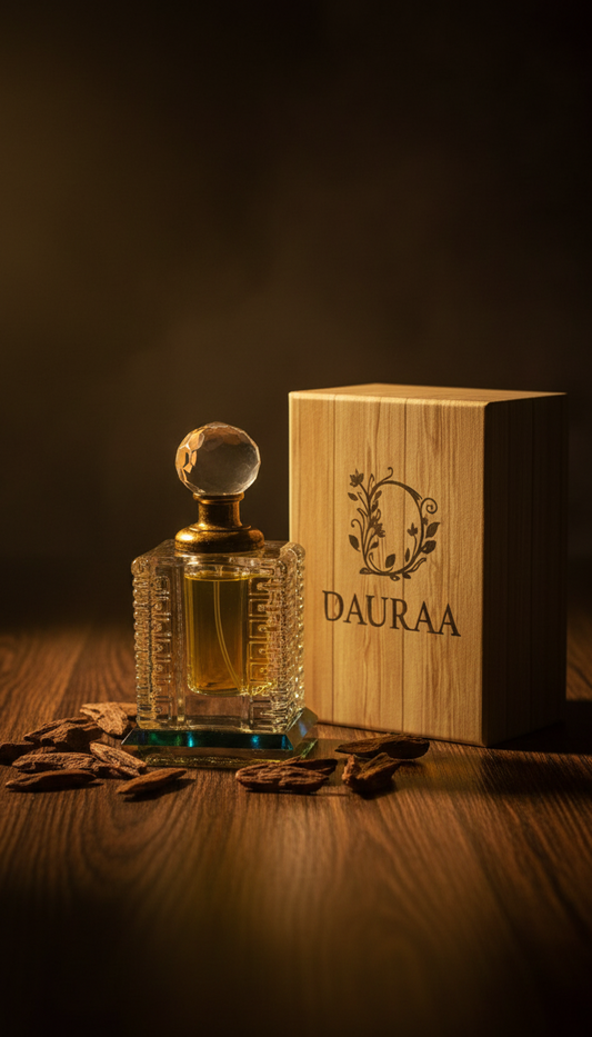 Perfume bottle with wooden box labeled 'Dauraa' on a wooden surface.