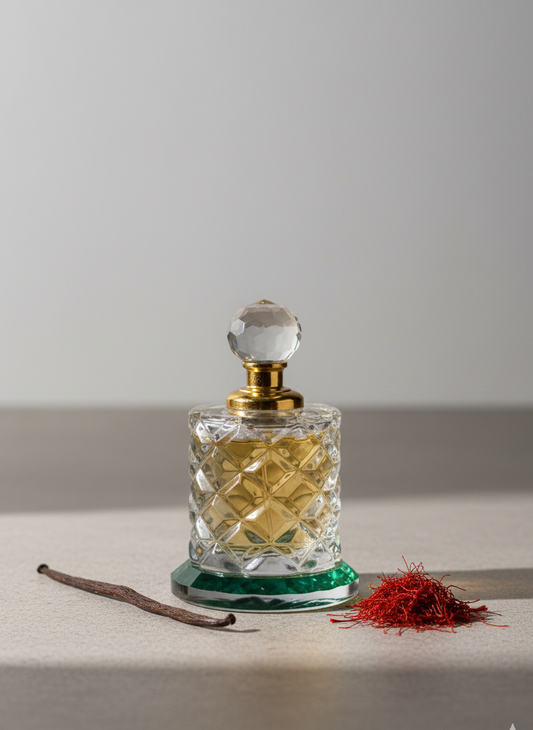 Decorative glass perfume bottle with gold cap on a light surface, accompanied by a vanilla bean and saffron.