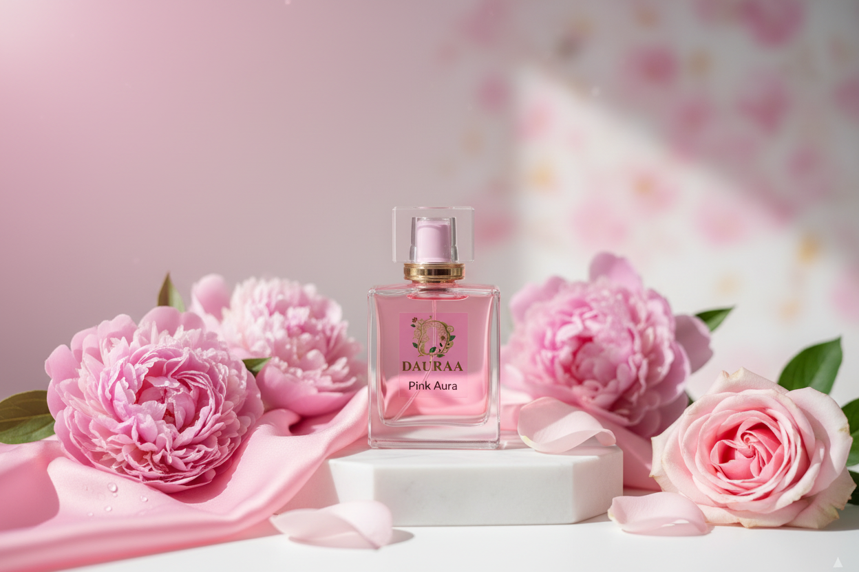 Pink Aura by DAURAA perfume in elegant floral setting