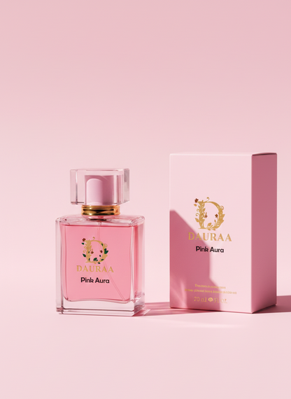 DAURAA Pink Aura perfume bottle and packaging on a pink background