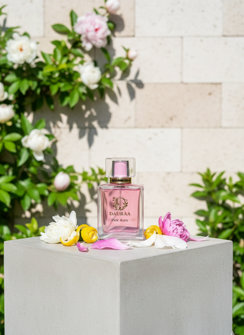 Pink perfume bottle on a pedestal with flowers and greenery in the background