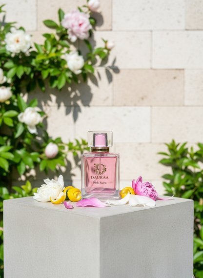 Pink perfume bottle on a pedestal with flowers and greenery in the background