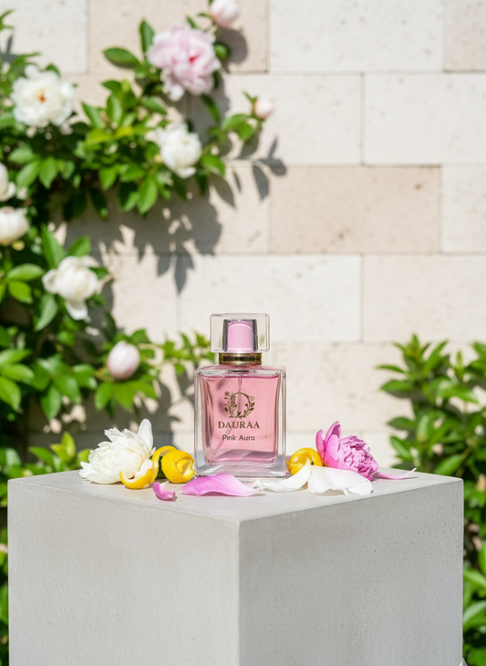 Pink perfume bottle on a pedestal with flowers and greenery in the background