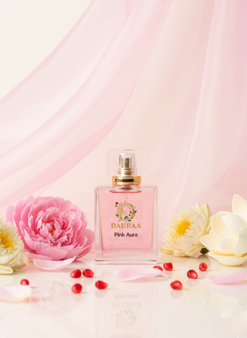DAURAA Pink Aura perfume bottle with pink flowers and petals on a light pink background