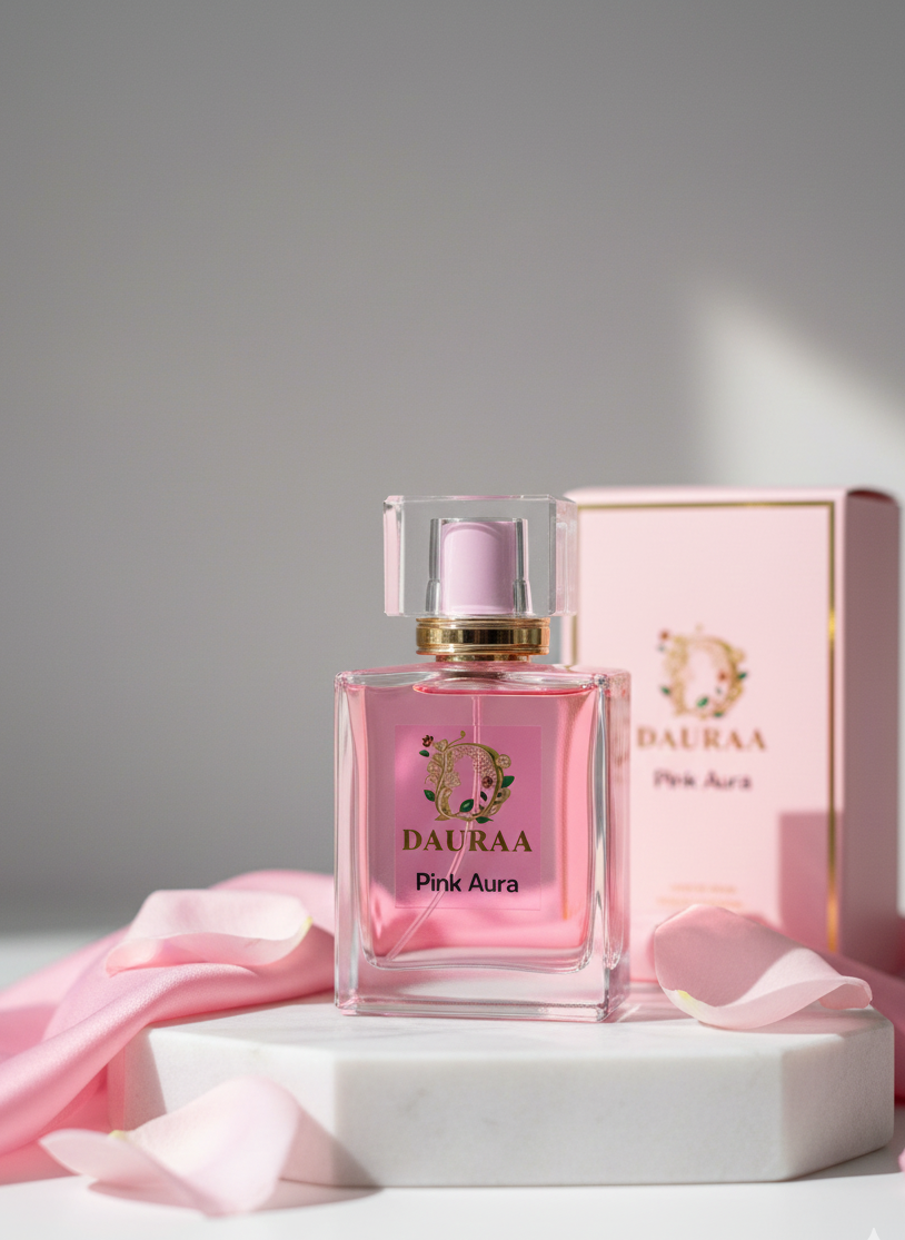 DAURAA Pink Aura perfume bottle and packaging on a light gray background
