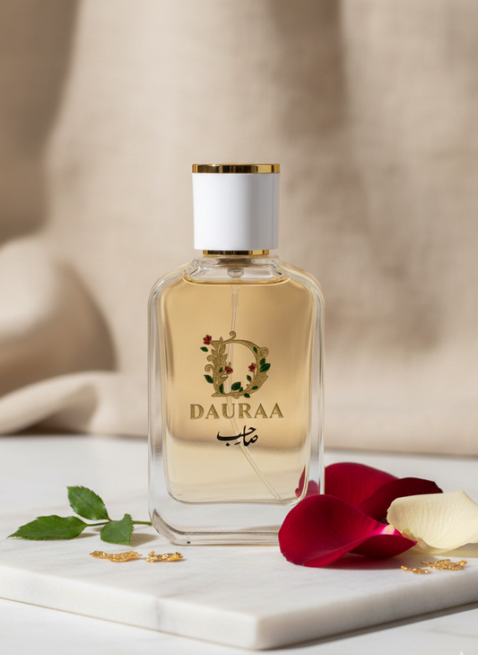 DAURAA perfume bottle with rose petals on a marble surface