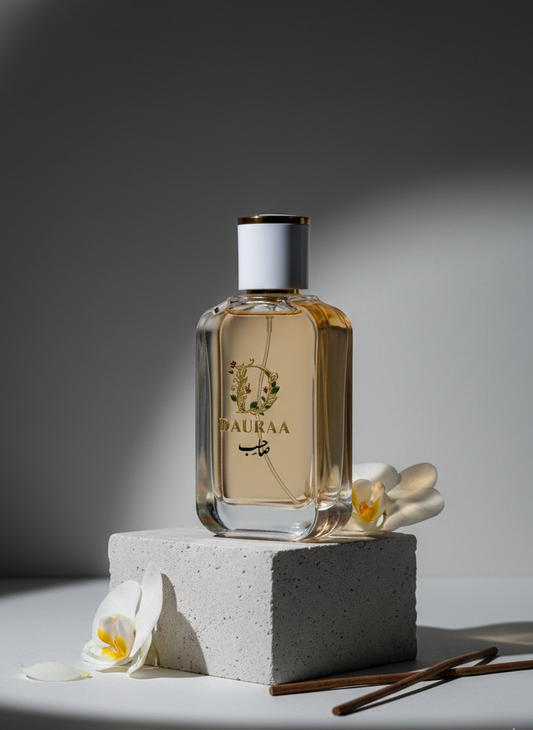 Perfume bottle with flowers on a gray background