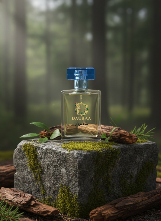 Perfume bottle labeled 'Daura' on a stone block with a forest background