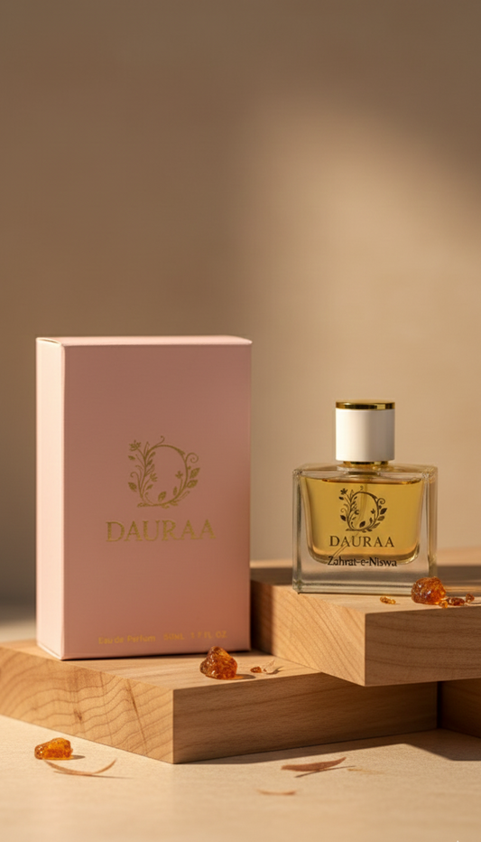 Dacraa perfume bottle and packaging on a wooden stand with a soft background