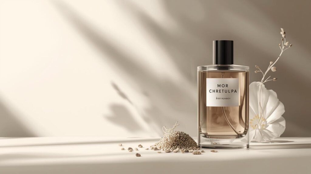 Luxury crystal perfume bottle with amber fragrance and gold jewelry on a dark brown background