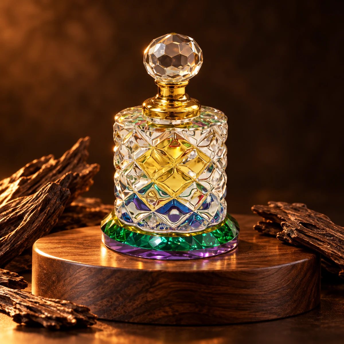 DAURAA Ameer-ul-Oud perfume bottle in a styled fragrance photograph.