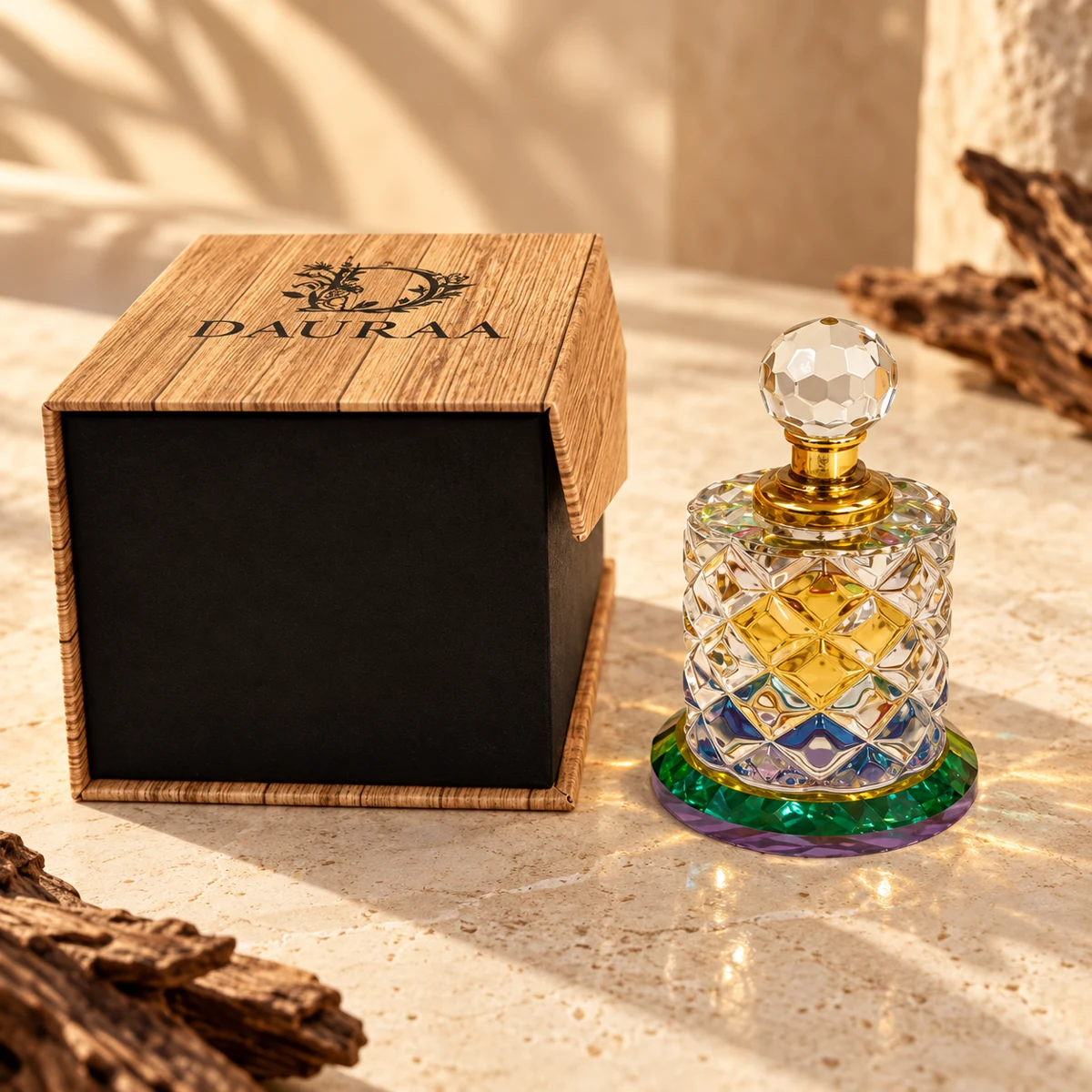 DAURAA Ameer-ul-Oud bottle and presentation in a styled product photograph.
