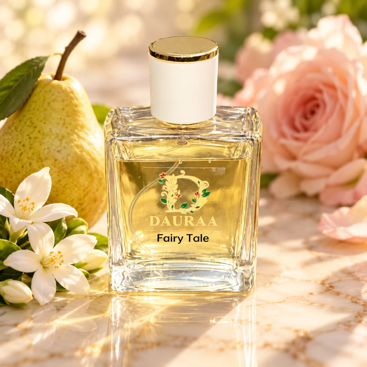 DAURAA Fairy Tale perfume bottle in a styled fragrance photograph.