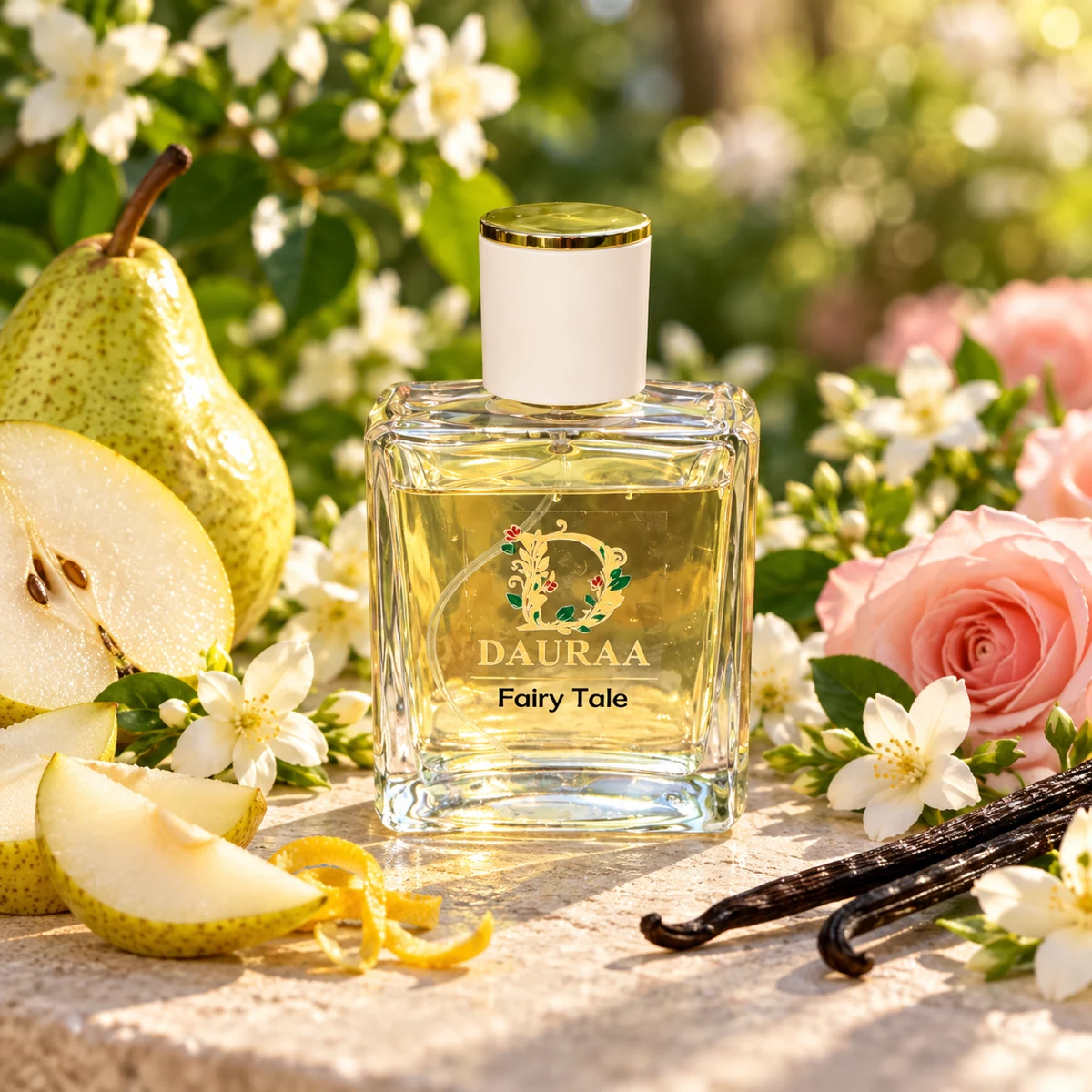 DAURAA Fairy Tale perfume in a fragrance-inspired setting.