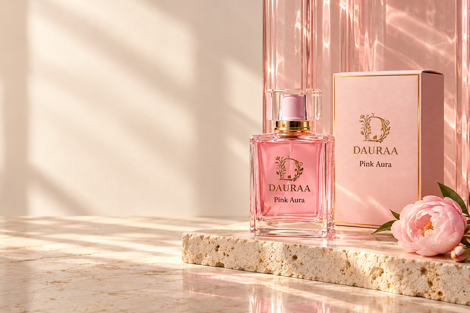 Dauraa Pink Aura perfume and pink box on travertine