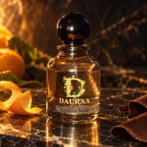 DAURAA Lucent Noir perfume bottle in a styled fragrance photograph.