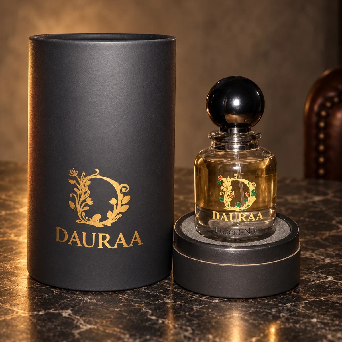 DAURAA Lucent Noir bottle and presentation in a styled product photograph.