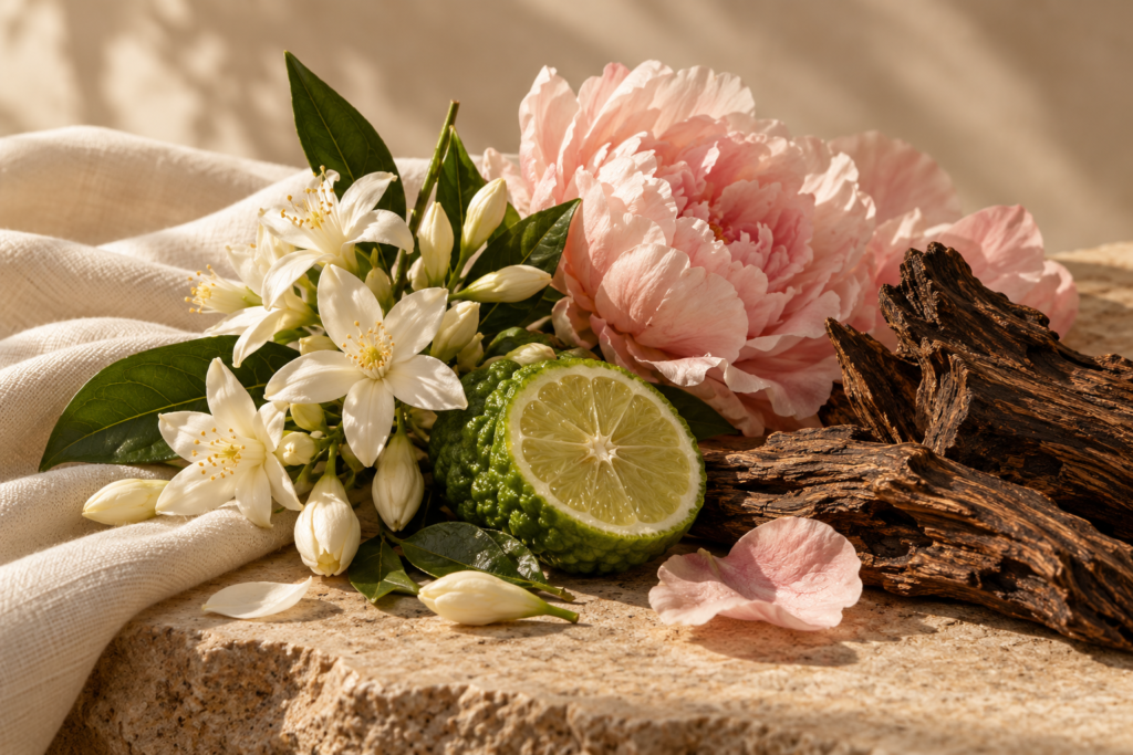 Jasmine, blush petals, citrus and oud wood in warm sunlight