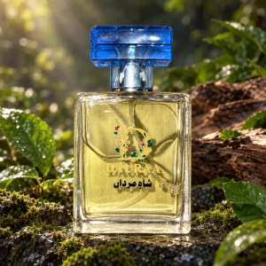 DAURAA Shah-e-Mardan perfume bottle in a styled fragrance photograph.
