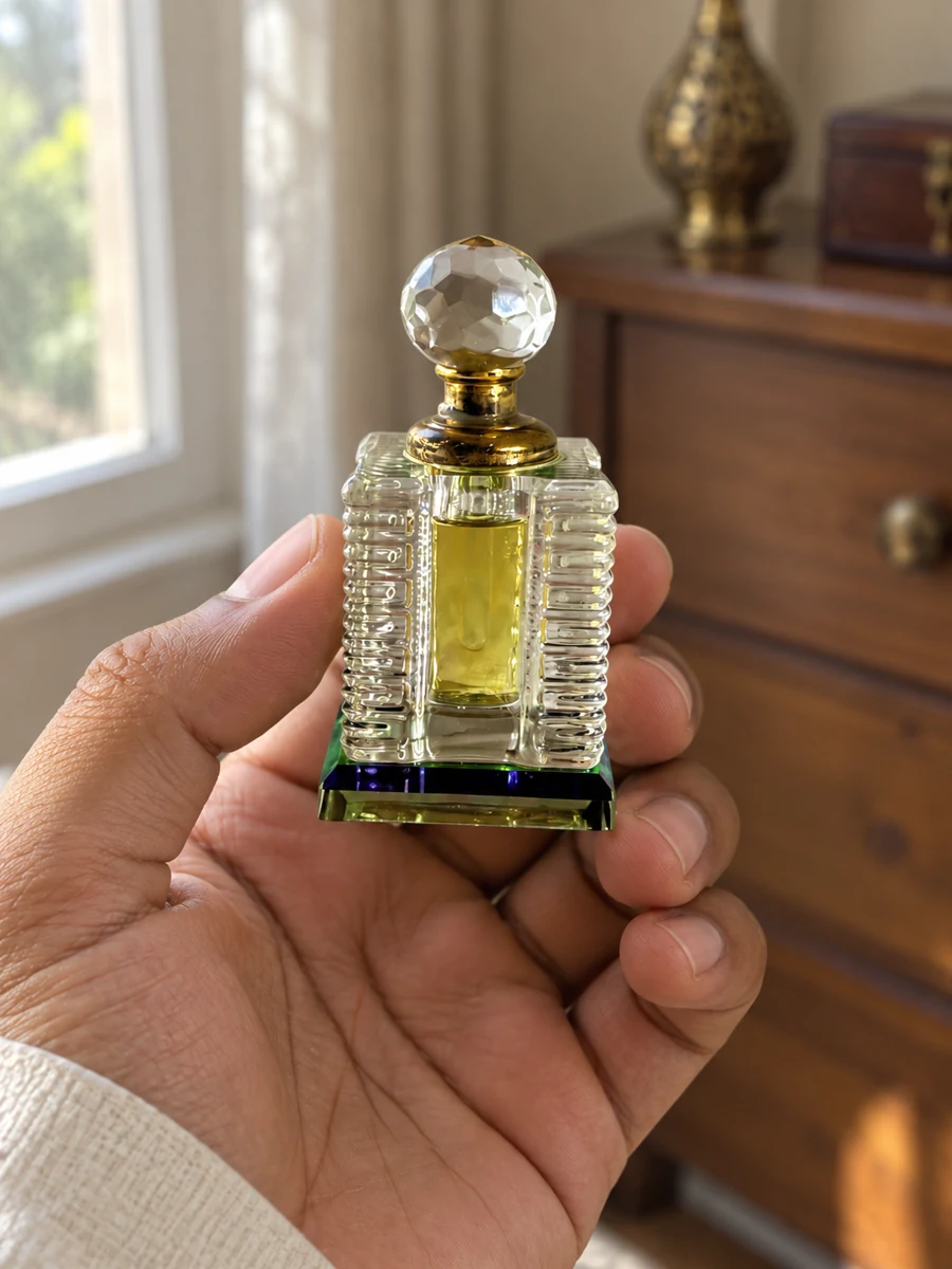 DAURAA Shahmeer Al-Oud bottle held in a hand in a lifestyle scene.