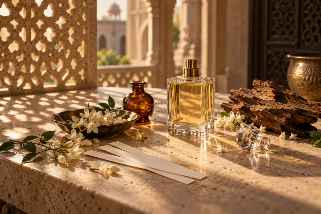 Fragrance composition with jasmine, amber glass and carved arches